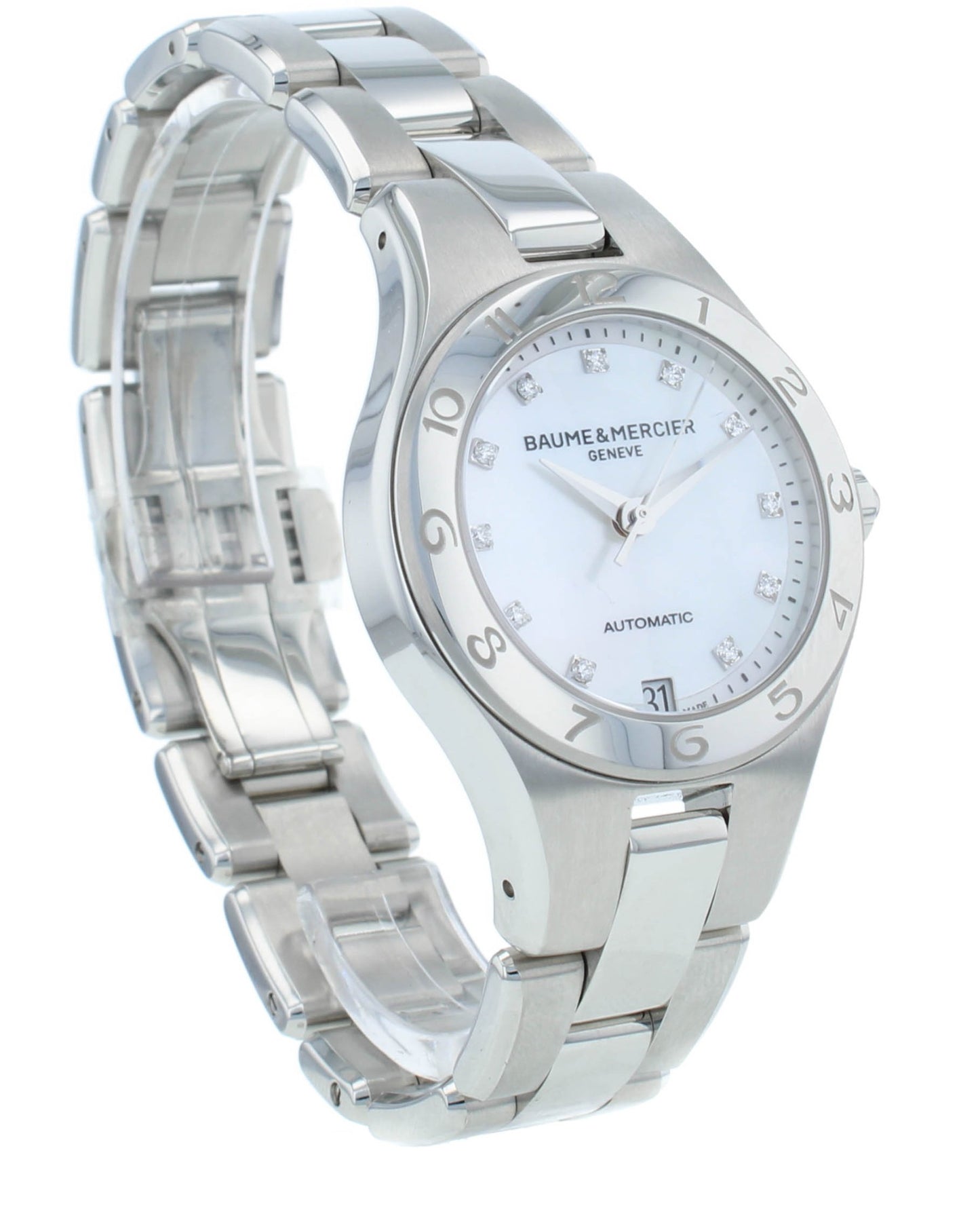 Baume & Mercier Linea 32mm Automatic MOP Diamond Dial Ladies Watch MOA10074