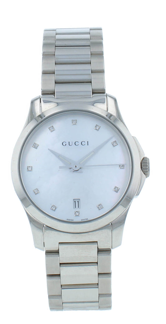 Gucci G-Timeless 27mm White MOP Diamond Dial Steel Quartz Ladies Watch YA126542