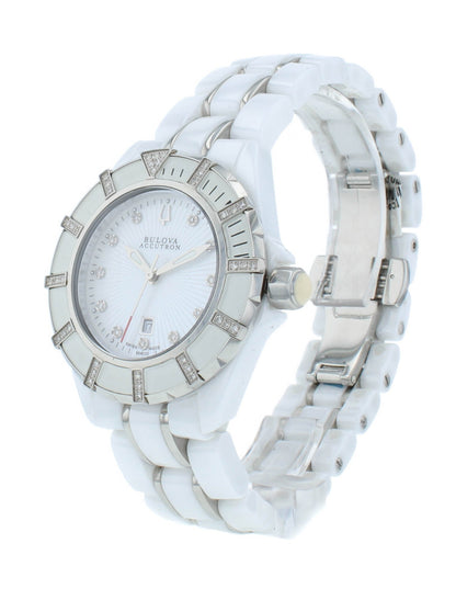 Bulova Accutron Mirador 36mm White MOP Diamond Dial Quartz Ladies Watch 65R137