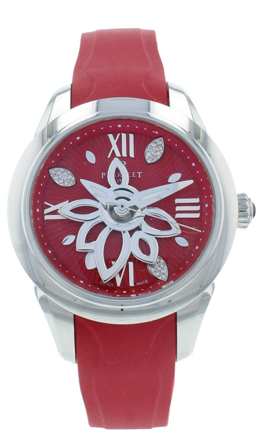 Perrelet Diamond Flower Red Dial & Rubber Strap Auto 36.5mm Ladies Watch A2066/3