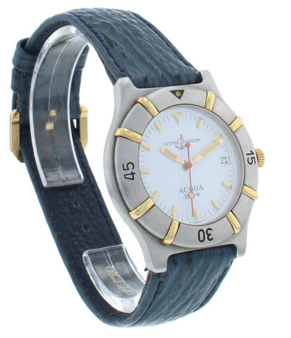 Ulysse Nardin Acqua 120M Quartz 34mm White Dial Blue Leather Strap Unisex Watch