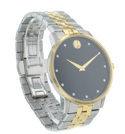 Movado Museum 40mm Two-Tone Quartz Black Diamond Dial Men's Watch 607202