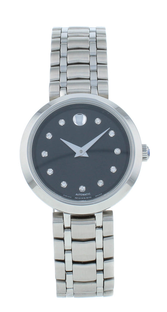 Movado 1881 Auto 27mm Stainless Steel Black Diamond Dial Ladies Watch 606919