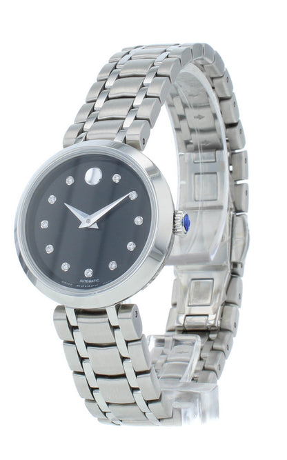 Movado 1881 Auto 27mm Stainless Steel Black Diamond Dial Ladies Watch 606919