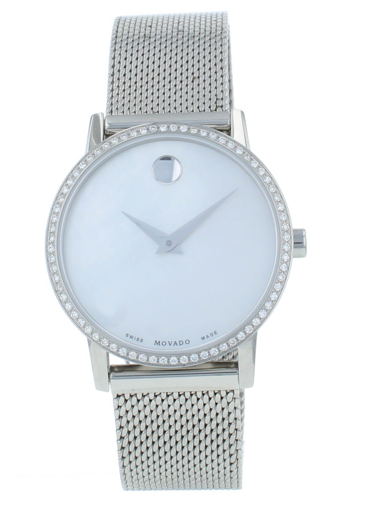 Movado Museum Classic 28.5mm Quartz White Dial Diamond Bezel Ladies Watch 607306