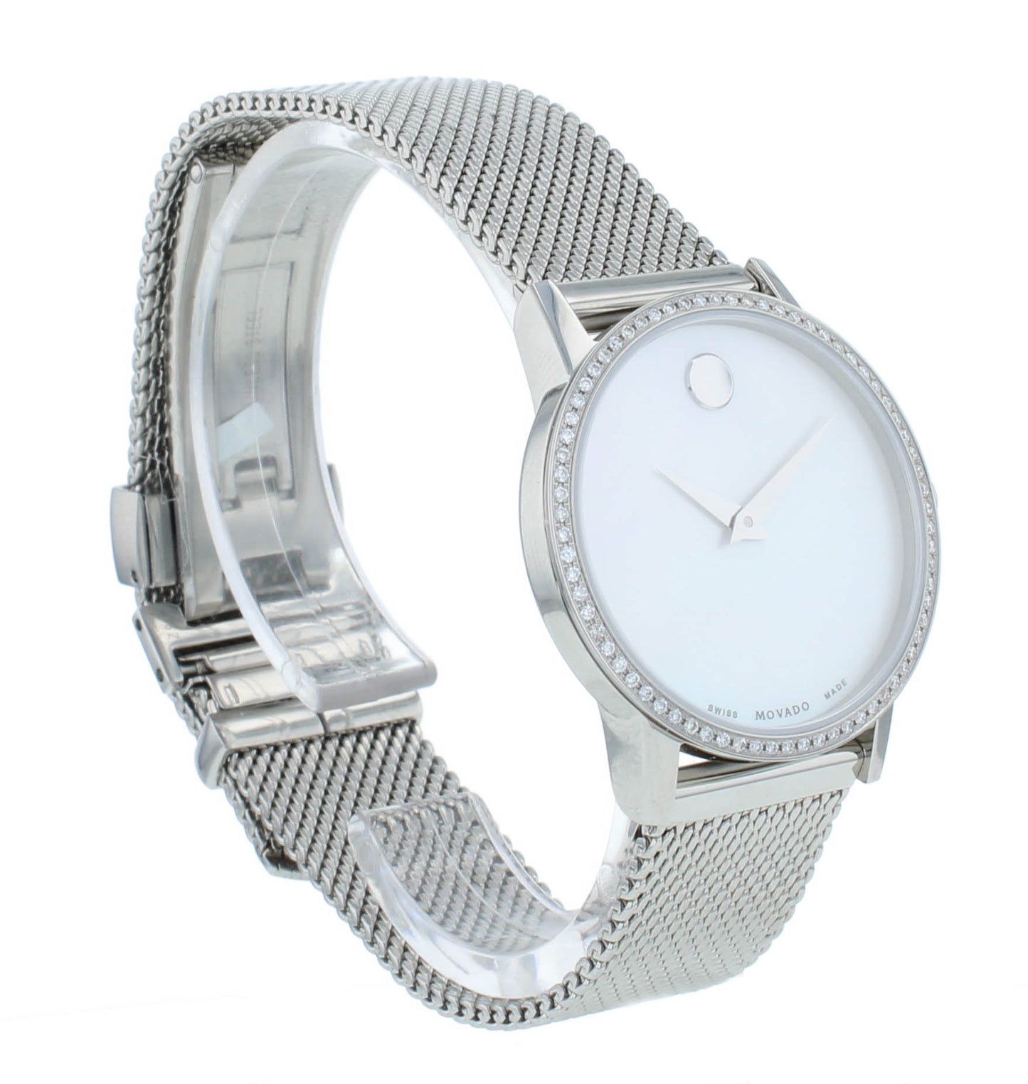 Movado Museum Classic 28.5mm Quartz White Dial Diamond Bezel Ladies Watch 607306