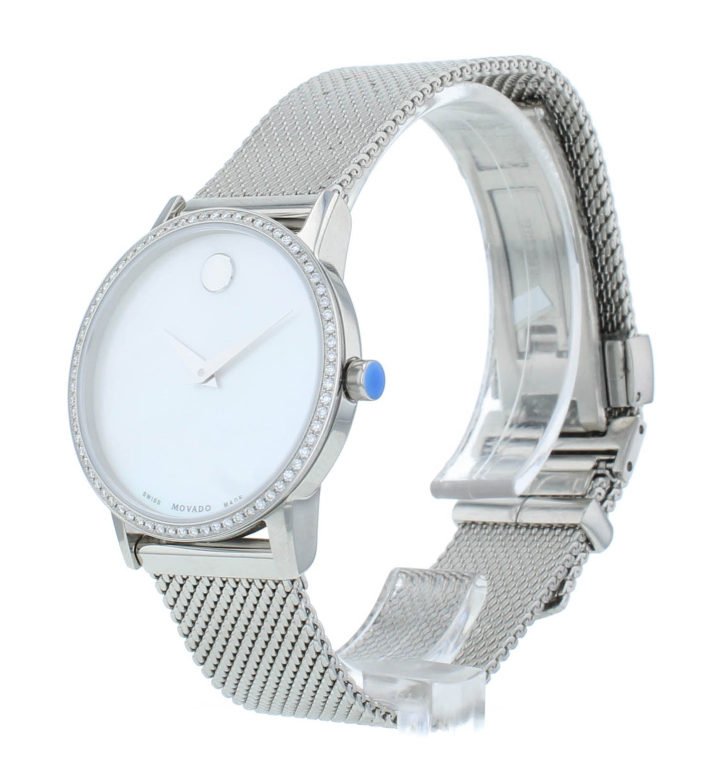 Movado Museum Classic 28.5mm Quartz White Dial Diamond Bezel Ladies Watch 607306