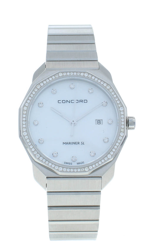 Concord Mariner SL 30mm Quartz White MOP Dial Diamond Bezel Ladies Watch 320469