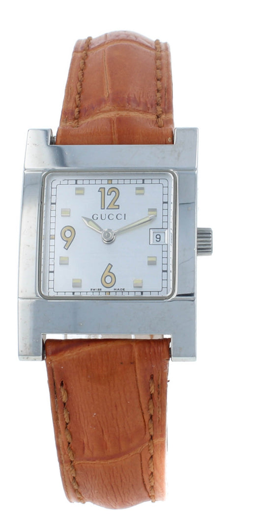 Pre-Owned Gucci 7700L 24mm Silver Dial Brown Leather Strap Quartz Ladies Watch