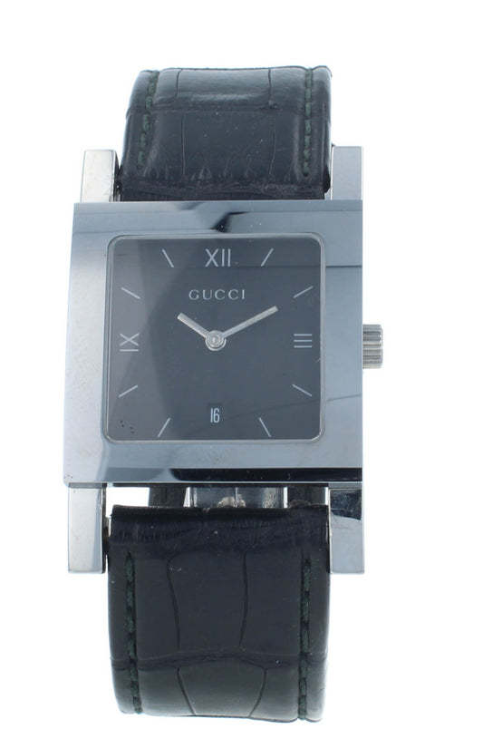 Pre-Owned Gucci 7900M.1 29mm Black Dial Leather Black Strap Men's Watch