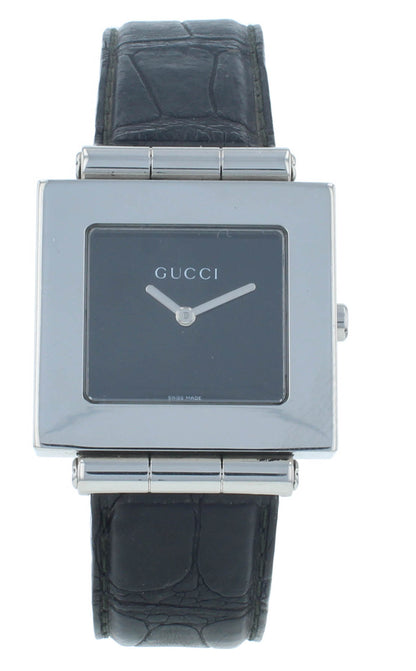 Gucci 600M Black Dial Leather Strap Quartz Stainless Steel 30mm Men's Watch