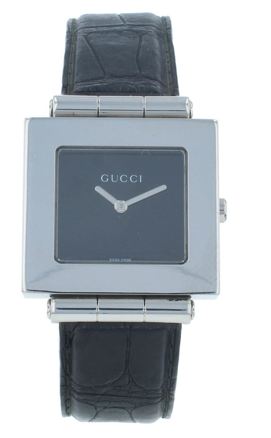 Gucci 600M Black Dial Leather Strap Quartz Stainless Steel 30mm Men's Watch