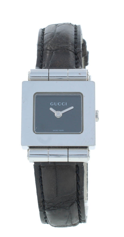 Gucci 600M Black Dial Leather Strap Quartz Stainless Steel 21mm Ladies Watch